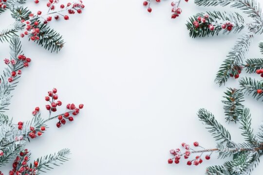 Christmas one side border with snow-covered fir branches and red berries on a white background christmas festival conifer. - Powered by Adobe