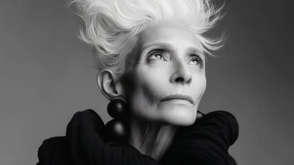 A Timeless Portrait Celebrating Beauty and Grace: An Elegant Senior Woman with Silver Hair and Dramatic Accessories in Black and White Captured in Frame of Life and Style