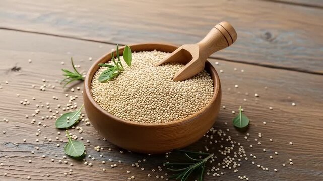 This inviting high-angle shot showcases a rustic wooden bowl brimming with wholesome white quinoa grains, resting on a textured wooden table. A small wooden scoop is nestled among the tiny, nutritious