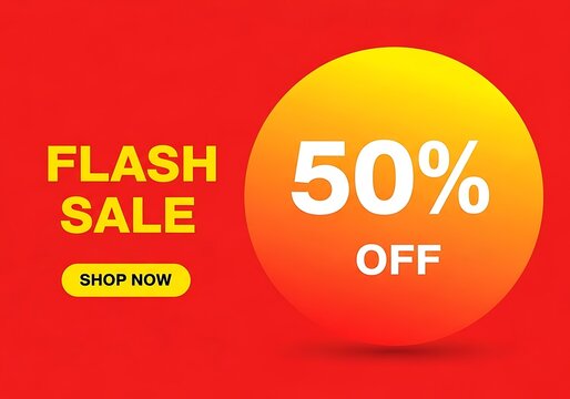 Flash sale banner with 50% off offer and shop now button on red background