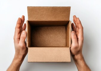 Hands Holding Open Cardboard Box Empty Interior Flat Lay White Background