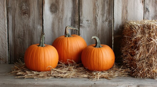 Three ripe pumpkins sit on straw in front of a rustic wooden wall.