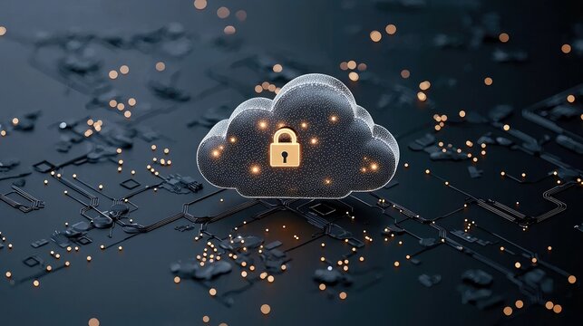 A secure cloud computing concept is represented by a digital cloud icon with a padlock, set against a dark background resembling a circuit board with glowing li