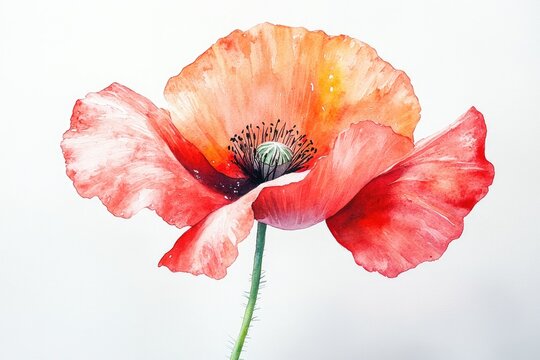 Vibrant watercolor painting of a red and orange poppy flower. Features delicate petals, a green seed pod, and dark stamens on a white background. - Powered by Adobe