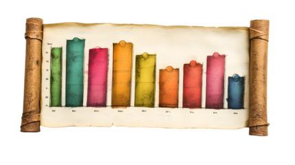 Old scroll with bar graph showing a downward trend isolated on transparent background
