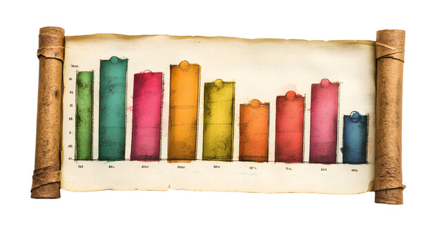 Old scroll with bar graph showing a downward trend isolated on transparent background - Powered by Adobe
