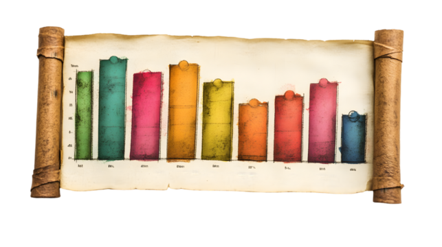 Old scroll with bar graph showing a downward trend isolated on transparent background - Powered by Adobe