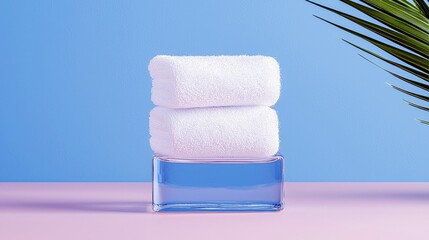 A spa or wellness scene featuring neatly rolled white towels stacked on a glass container of blue liquid, with a tropical leaf.