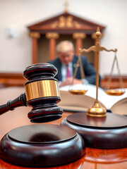 Courtroom, legal counsel with gavel and law. Justice and lawyer concept. Judge's gavel on table, close up.