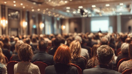 The Conference: A large gathering of attendees immersed in a presentation, with a focus on audience and venue.