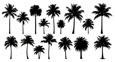 Black Silhouette Vector of Palm Trees in Various Shapes and Heights, Tropical Minimal Design, Clean Crisp Edges, Isolated on White Background, Exotic Nature Vector Illustration


