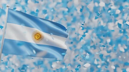 Argentina flag waving with confetti background. National symbol for patriotic event, independence day, travel, and tourism concept.