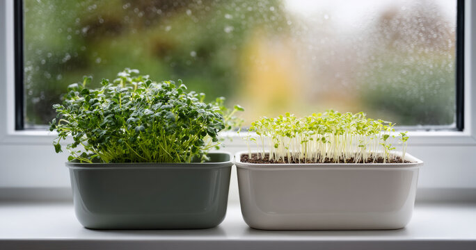 Two containers of fresh green microgreens growing on a windowsill with raindrops on the window glass in soft natural light
