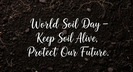 Fototapeta premium Close up of dark soil with small roots and text world soil day keep soil alive protect our future