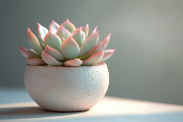 A beautiful pastel succulent, featuring green leaves with pink tips, rests in a textured pot, illuminated by soft, gentle light.