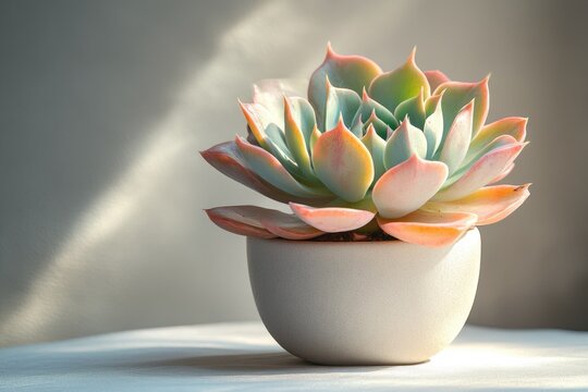 A beautiful, colorful succulent plant with green, pink, and orange leaves in a simple white pot, bathed in soft natural light.