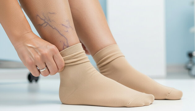 Realistic close-up of legs with visible varicose veins, person putting on compression socks, clean medical-style background. High quality photo