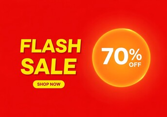Flash sale announcement with 70% off and shop now button on a vibrant red background, perfect for online promotions