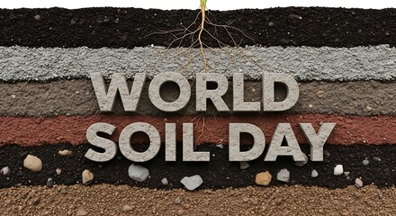 World soil day text layered in soil profile with roots and plant growing from the top layer of soil