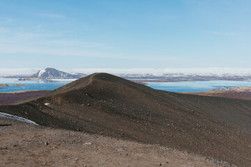 View of Lake Mývatn and the lava fields from the Hverfjall crater