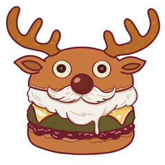 Christmas reindeer burger head brown nose antlers and Santa beard cartoon
