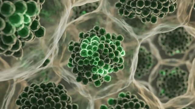 Microscopic view of green cells and organic structures, biological research and cellular processes.