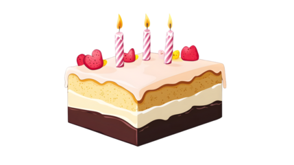 Birthday cake with candles and strawberry isolated on transparent background for celebration