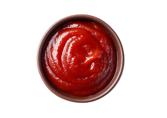 Bowl of Bright Red Tomato Ketchup in Small Brown Dish on White Surface