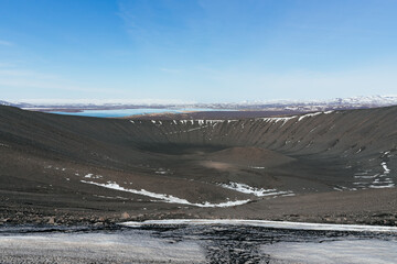 View of the circular crater of the Hverfjall volcano, Iceland