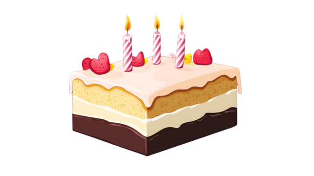 Birthday cake with candles and strawberry isolated on transparent background for celebration