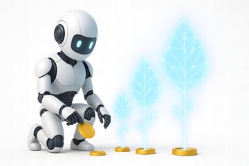 Fototapeta premium AI robot nurturing digital plants growing from golden coins symbolizing financial investment sustainability and tech growth