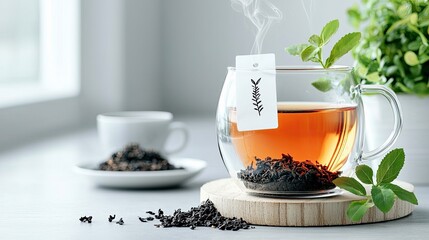 A clear glass mug filled with hot tea sits on a wooden coaster, surrounded by loose tea leaves and fresh mint sprigs.