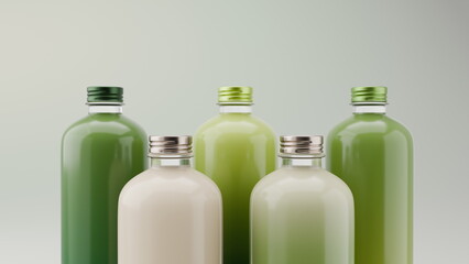 collection of glass bottles filled with green and white drinks stands on a clean surface. Soft natural light highlights the vibrant colors and shapes of the bottles. 3d render