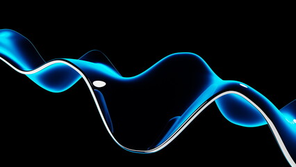 Blue wave shapes undulate gracefully on a black background, showcasing a modern and artistic design that captures movement and fluidity in a vivid manner. 3d render