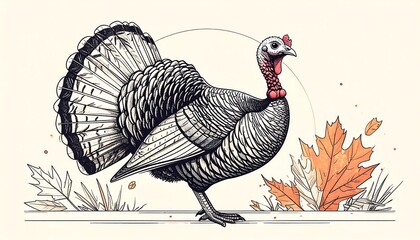 Elegant Thanksgiving Turkey Illustration with Autumn Leaves and Subtle Details.