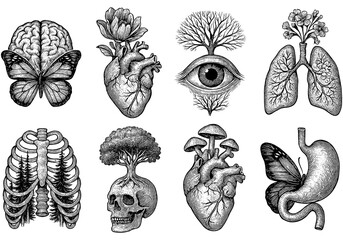 Surreal anatomical art: nature and human body fusion in detailed vintage black and white ink drawings