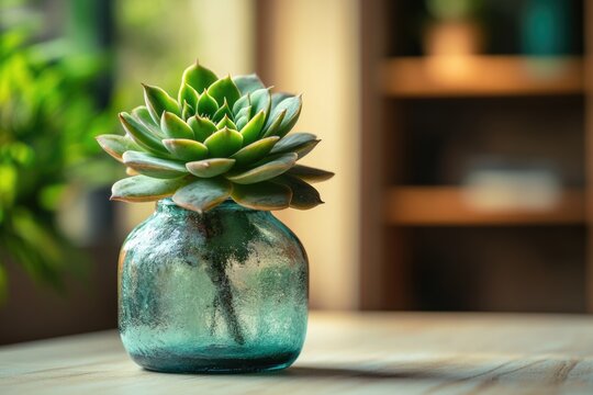 Vibrant succulent plant in a unique blue-green textured glass vase, resting on a light wooden surface with a soft, blurred background.