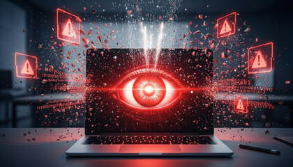 Cybersecurity Breach: Laptop Exploding with Red Warning Holograms and AI Eye. High quality photoA laptop on a desk explodes with red digital warning holograms and binary code breaking apart. A giant