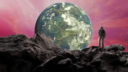 astronaut in a space suit stands on a rugged terrain, admiring a stunning Earth-like planet against...