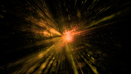 Bright bursts of light radiate in various shades against a dark background, creating an energetic atmosphere that suggests movement and intensity. 3d render