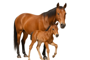 mother horse and her baby foal standing together isolated on transparent background