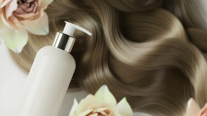 Luxury haircare bottle with silky blond hair and soft floral decor. Perfect for advertising shampoo, conditioner, hair treatments, salon products, natural beauty brands, and product packaging mockups.