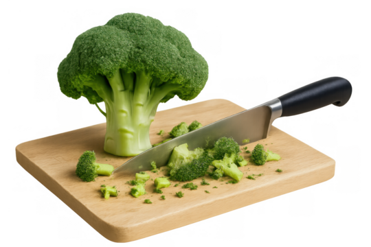 Fresh broccoli on cutting board with knife, preparing green vegetable for healthy cooking and diet, transparent background - Powered by Adobe
