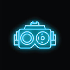 Blue neon icon of virtual reality glasses glowing on dark background