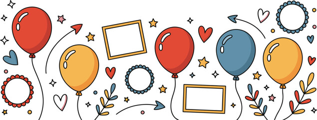 Illustration with balloons frames hearts stars and decorative elements