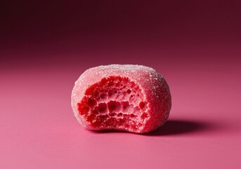 Close-up of a vibrant pink sweet treat, partially bitten, representing the complicated feeling of life's painful yet pleasurable moments ,bite ,unexpected ,experience