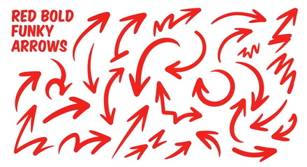 Vibrant collection of dynamic red bold funky arrows pointing in various directions, perfect for design and direction.