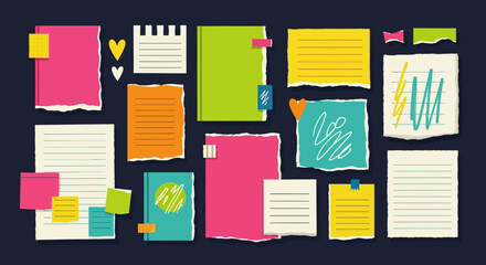 Vibrant collection of colorful torn paper notes and sticky reminders arranged creatively on a dark background for engaging visual projects