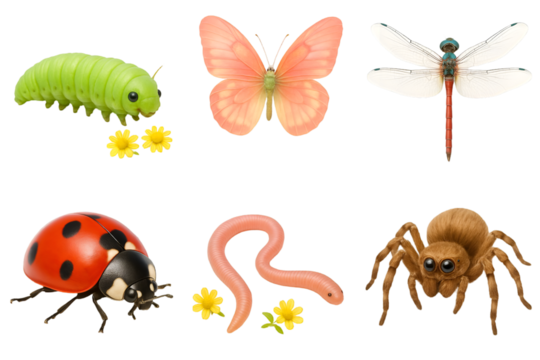 Assortment of different isolated insects and small creatures like caterpillar butterfly dragonfly ladybug worm and spider for biology graphics isolated on transparent background