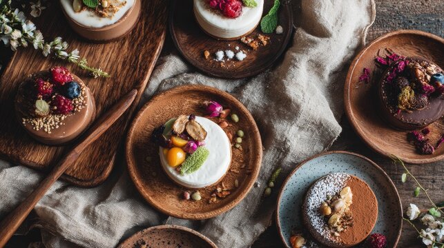 Elegant gourmet dessert plates with chocolate mousse, berries, edible flowers and decorative garnishes on rustic wooden boards for fine dining and culinary presentation